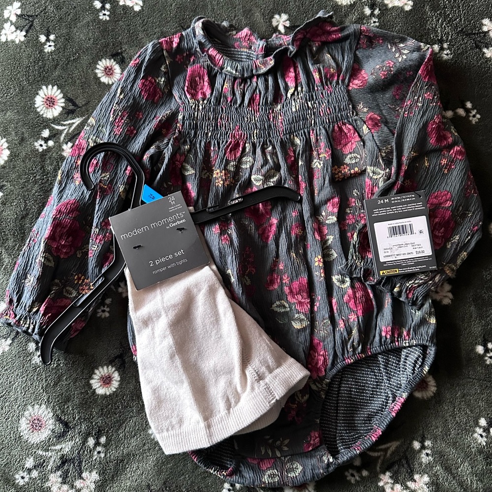 Gray Floral Smocked Baby Romper with Pink Roses